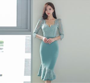 Automne élégant dentelle Patchwork bureau robe femmes col en v taille haute gaine sirène robes nouvelle fête coréenne Vestidos