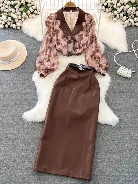 Automne Elegant Ol Pu Leather Patchwork Long Puff Sleeve Flower Print Mariffon Shirt Top Belt Straight Leather Jirts Suit 240418