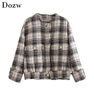 Automne Élégant Plaid Manteau Femmes O Cou Simple Poitrine Tweed Veste Gland Poches Mode Tops À Manches Longues Manteaux Dame Survêtement 210515