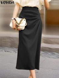 Jupes élégantes d'automne 2023 Vonda Femmes hautes taille plissée midi jupe décontractée latérale bottons couleurs solides streetwear 240420