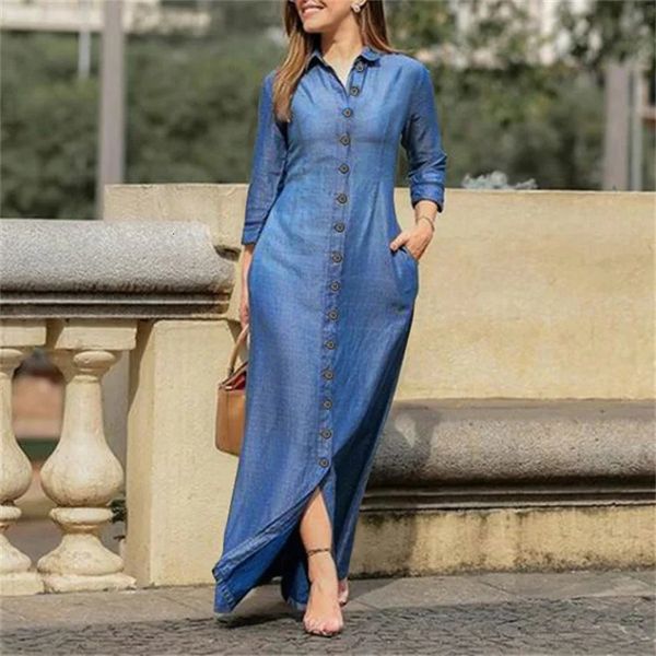 Automne Elegant Womens Denim Robe à manches longues Boutons de manches longues Robe longue Femelle Feme Élégante Vêtements de dames décontractées 240412