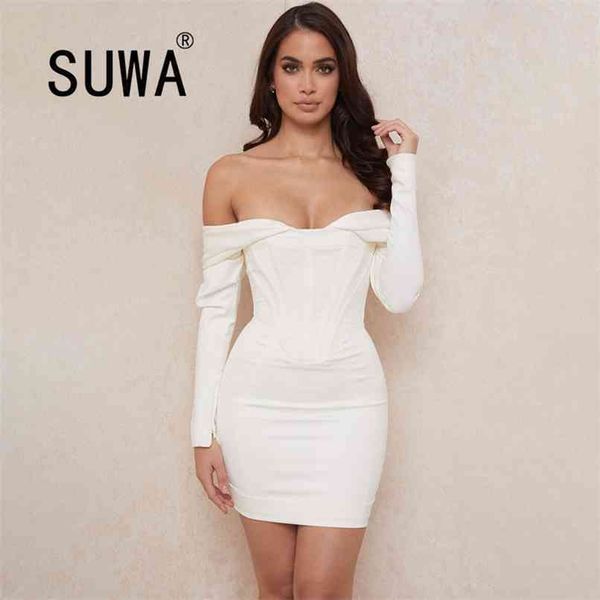 Otoño europeo americano mujer sexy envuelto pecho irregular de manga larga cremallera vestido corto todos los vestidos de novia blancos 210525