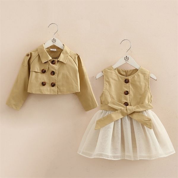 Otoño moda 3 4 6-10 años abrigo de manga larga + chaleco vestidos de malla botón diseño de lazo para niños niñas vestido 2 uds conjunto 210701