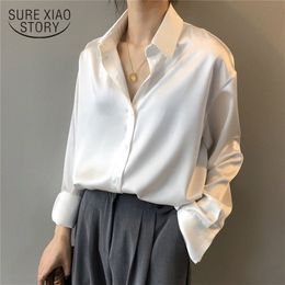 Otoño moda botón arriba camisa de seda satinada blusa vintage mujeres blanco dama mangas largas femeninas camisas de calle sueltas 11355 220727