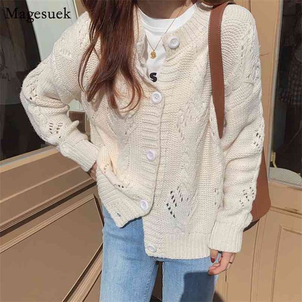 Otoño moda cardigan suéter de punto mujeres sólido hueco hacia fuera coreano giro casual jumper pull femme 11631 210512