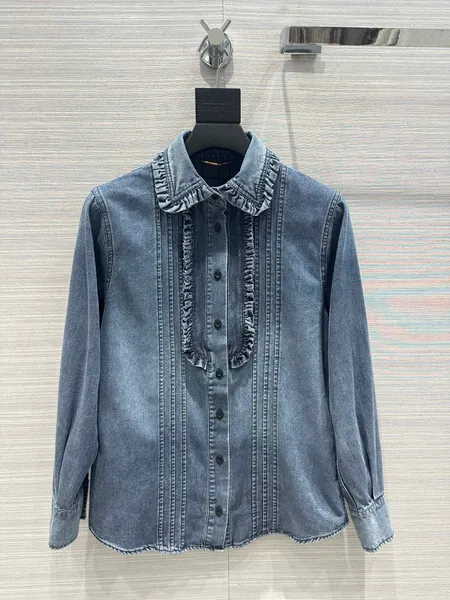 Chaqueta vaquera informal de moda de otoño para mujer, abrigo holgado de retales de manga larga con volantes y cuello vuelto, abrigo de una botonadura