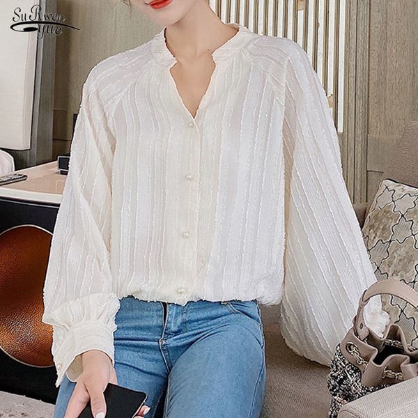 Otoño moda casual manga larga cardigan blusa mujer coreana con cuello en v camisa de gasa más tamaño señoras tops 10625 210521