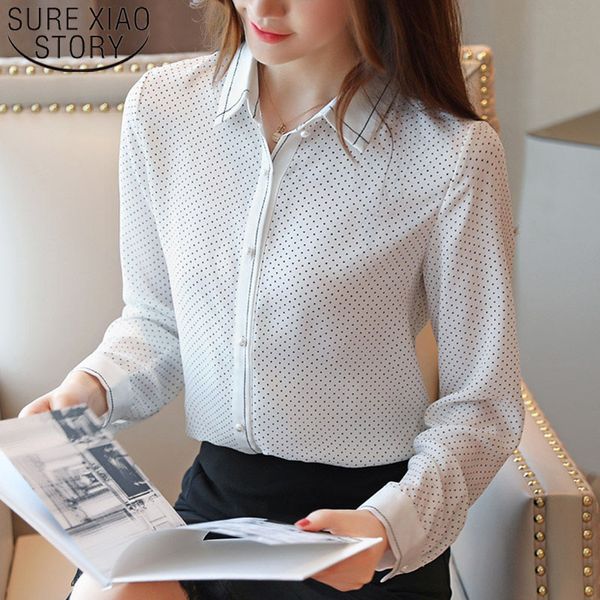 Otoño Moda Blusas de gasa de manga larga Polka Dot Mujeres Casual Oficina T Shirts Blanco Blanco Tops 6377 50 210415