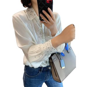 Herfst modeontwerp vrouwen afwijzen kraag kreubels strass patched long mouw satin fabric blouse desinger shirt plus size mlxlxxl3xl4xl