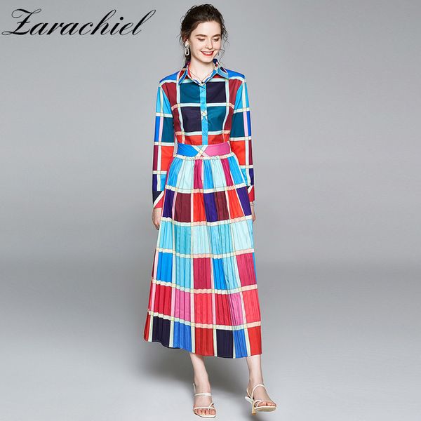 Automne créateur de mode vacances Maxi femmes manches taille haute Vintage couleur bloc Plaid longue robe plissée 210416