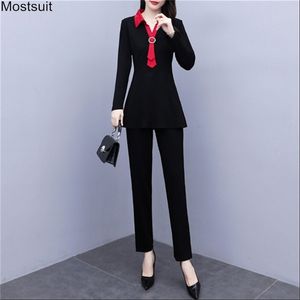 Automne Mode Élégant Deux Pièces Ensemble Pour Femmes 5XL Plus Taille À Manches Longues Col Rabattu Tunique Top Et Pantalon Costume Tenues 210513