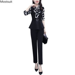 Herfst mode elegante twee stuk set vrouwen plus size koreaanse lange mouw zwart hart print tops + elastische taille broek pak 210513