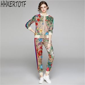 Automne mode femmes élégantes Vintage fleur imprimer vestes courtes manteau pantalons longs 2 pièces ensembles 210331