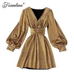 Herfst mode sexy vrouwen v-hals lange lantaarn mouw gouden glitter elegante dames kerst feestjurk vestidos 210603