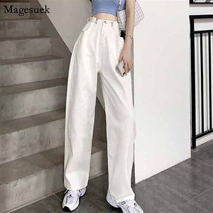 Herfst mode effen hoge taille jeans casual wide-poot witte zakken rechte broek losse denim vrouwen broek 11477 210512