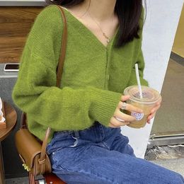 Cardigan tricoté à col en v pour femme, manches longues, vert, simple boutonnage, pull décontracté, mode automne, 240115