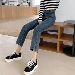 Otoño moda mujer alta cintura denim jeans jeans rectos lado split jeans vintage femenino pantalones largos 210522