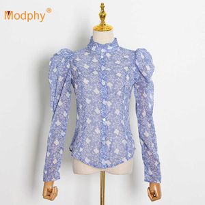 Herfst Mode Dames Hout Oor Gedrukt Shirt Sexy Stand-Up Collar Retro Puff Sleeve Button Long Top 210527