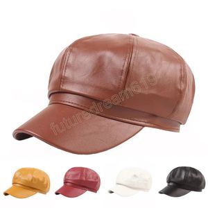 Herfst Kunstleer Achthoekige Hoed voor Vrouwen Winter Warm Baret Cap Casual Lady Unisex Schilder Hoeden Wit Bruin