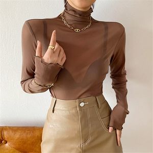 Herfst vrouwelijke minimalistische tops grote maat vrouwen sexy solide casual fundamentele dunne coltrui korte t-shirt 210421