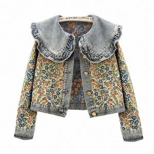 Automne Fi Jacquard Broderie Denim Veste Femmes Slim Court Bleu Cowboy Survêtement Peter Pan Col Jeans Veste Manteau Femme 91ZS #