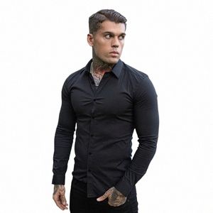 Herfst Fi Lg Mouw Heren Lente Super Slim Fit Casual Sociale Busin Dr Shirt Mannen Gym Fitn Sport kleding x5JY #