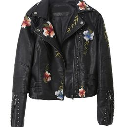 Automne imprimé Floral broderie Faux veste en cuir souple femmes Pu moto manteau femme noir Punk fermeture éclair Rivet vêtements d'extérieur 240125