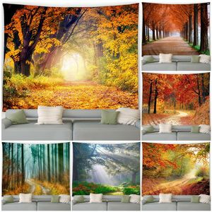 Autumn Forest Tapestry Natural Maple Tree Yellow Falling Bladeren Rustiek landschap herfsttuin muur hangende huis woonkamer decor