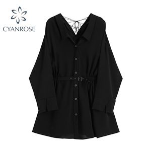 Herfst Franse kleine zwarte jurken vrouwen mode korea stijl v-hals lange mouw slanke taille een lijn jurk vrouwen met riem 210515
