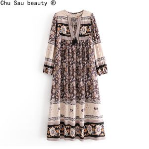 Herfst Franse Vintage Mode Dames Boho V-hals Positionering Gedrukt Dress Lace Up Vrouw Lange Rok Tassel 210508