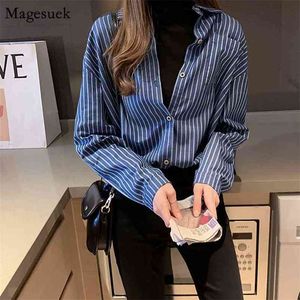 Automne plein bleu Chic lâche bureau dame vêtements avec bouton décontracté femme chemise grande taille rayure haut pour femme Blouses 10429 210518