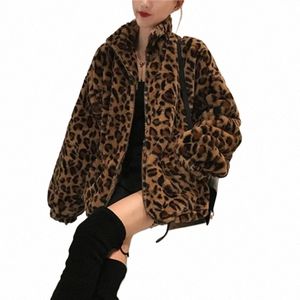 Automne Fuzzy Leopard Print Jacket Femmes Fi Stand Collar Parkas Warmas Outwear Winter Coréen Femme en fausse fourrure Loxe Coats Nouveaux Y7WS #