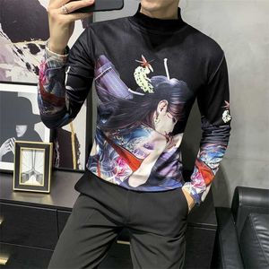 Herfst Game Anime Print Mannen T-shirt Half Coltrui Streetwear Casual Tees Hiphop Lange Mouw Slim Fit Kleding 3xl 210527