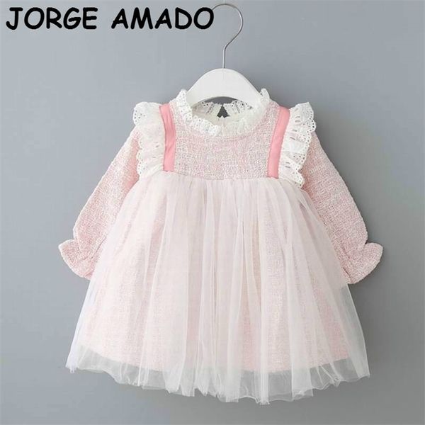 Vestido de otoño para niña, cuello de encaje a cuadros rosa, manga larga, ropa de princesa para niños de 0 a 5T E93026 210610