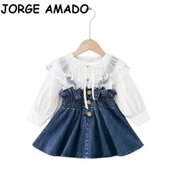 Automne Fille Ensembles Bébé Dentelle Grand Col Chemise Blanche + Jupe À Bretelles En Denim 2pcs Tenues Vêtements Pour Enfants E20131 210610