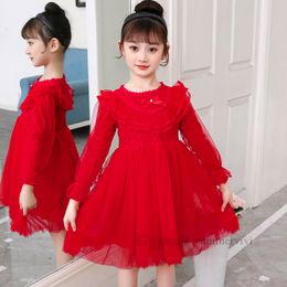 Vestido de tul con encaje rojo para niñas de otoño, vestidos de princesa con mangas abullonadas y lazos para niños, ropa de fiesta de Navidad Z4357