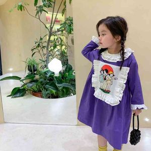 Herfst Meisjes Vintage Print Jurk Japanse Kant Kraag Meid Prinses Cartoon Karakter Peuter Kinderkleding 210615