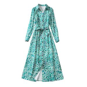 Otoño verde estampado floral vestido camisero con cinturón manga larga solapa cuello botones vestidos casuales de un solo pecho A3Q191340 talla grande XXL