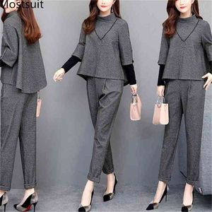 Otoño gris elegante conjuntos de dos piezas trajes de mujer de talla grande piezas falsas Tops y pantalones trajes de oficina señoras coreanas 210513