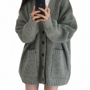 Automne Gris Femmes Tricoté Cardigan Coréen Oversize Poche Col V Simple Boutonnage Jumper Casual Lâche Preppy All Match Pull w0uV #