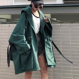 Herfst Harajuku BF losse jas Oversize Streetwear Plus Size Groene Hooded Jas Zipper Windbreker en 210531
