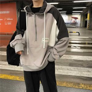 Herfst Harajuku Vintage BF Stiksels Hooded Sweatshirt Mode Hip Hop Dames Ins Losse Hood Rits Casual Vrouw 210608