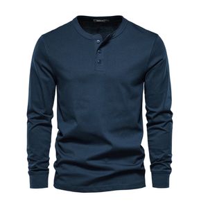 Herfst Henley Kraag T-shirt Mannen Casual Effen Kleur Lange Mouw voor Hoge Kwaliteit 100% Katoen Mode Heren Shirts 240116