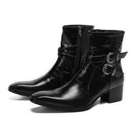 Autumn High Heels Black Men's Pointed Double Belt Buckle Genuine Leather Model Catwalk Social contact Martin Boots