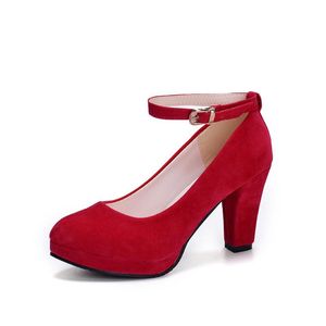 Autumn High Heel Women Pumps Platform Suede schoenen enkelriemriem dikke hakken dames comfortabele werkjurk