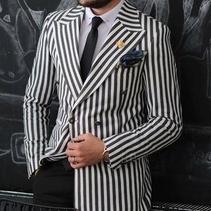 Automne haute qualité noir et blanc corde rayé hommes costume manteau Blazer mariage bal fête Slim Fit veste seulement une pièce260g
