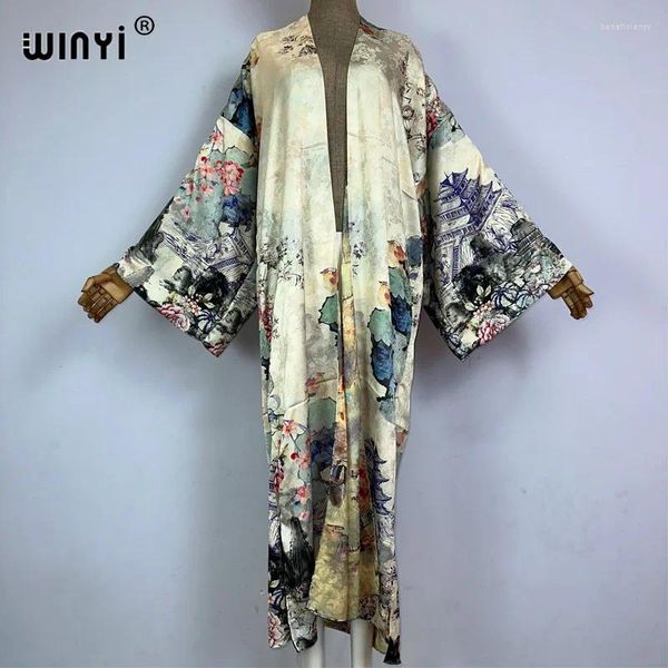 Automne de haute qualité Double face imprimé robe de soie plage de plage de plage boho cardigan élégant couverture pour femmes kimono