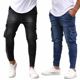 Automne Jeans pour hommes de haute qualité Multi Pocket Stretch Bleu Noir Pantalon Homme Slim Fit Causal Biker Pantalon Streetwear Vêtements Pour Hommes U2RZ #