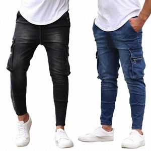 Herfst Hoge Kwaliteit Heren Jeans Multi Pocket Stretch Blauw Zwart Man Broek Slim Fit Causale Biker Broeken streetwear Heren Kleding U2RZ #