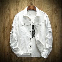 Otoño agujero chaqueta de mezclilla hombres rasgados chaquetas de vaquero abrigo masculino slim fit sólido abrigos casuales algodón blanco negro más tamaño 5xl 201104